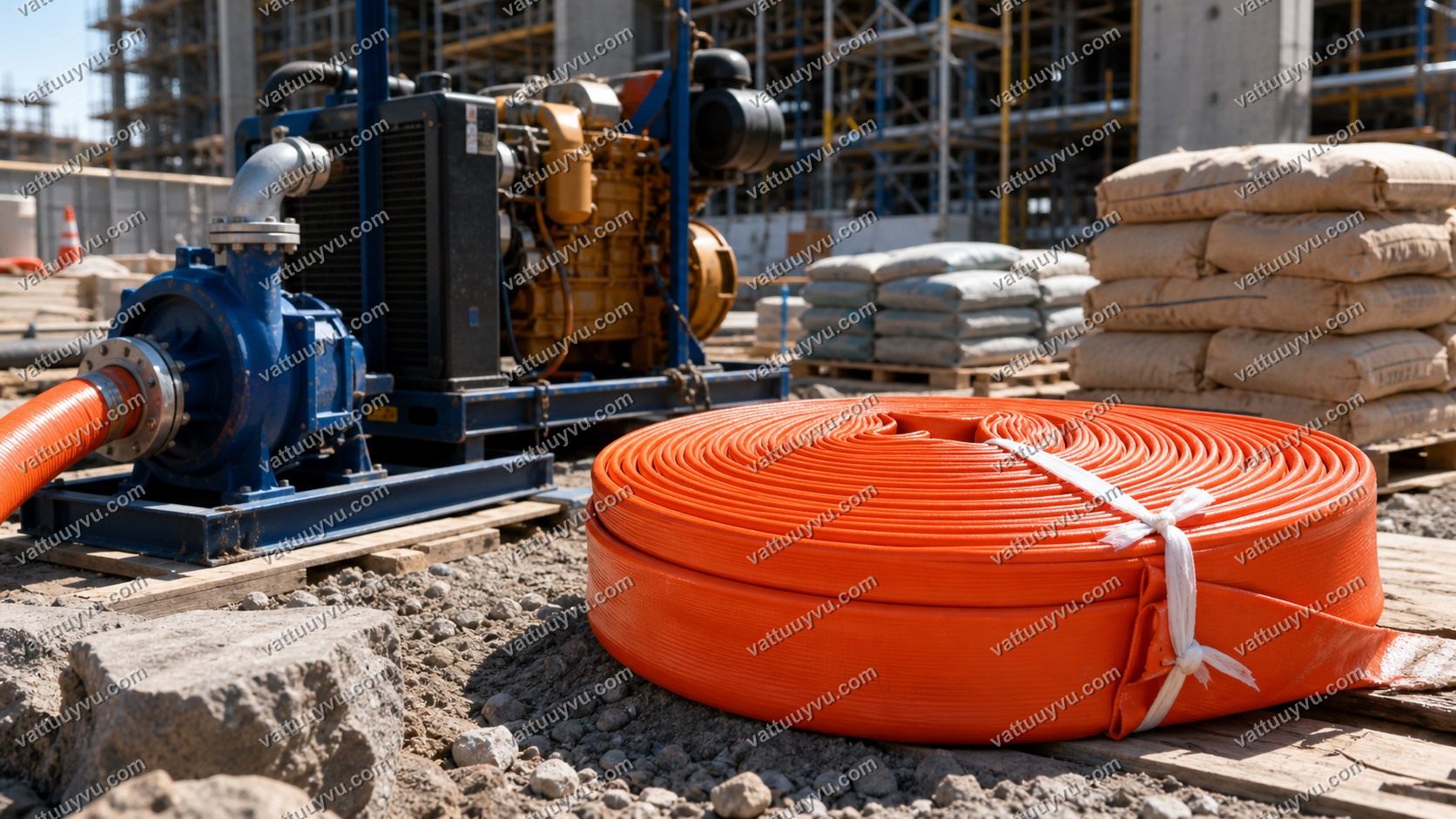 Ống bạt màu cam chuẩn bị cho hạng mục bơm cát và vữa