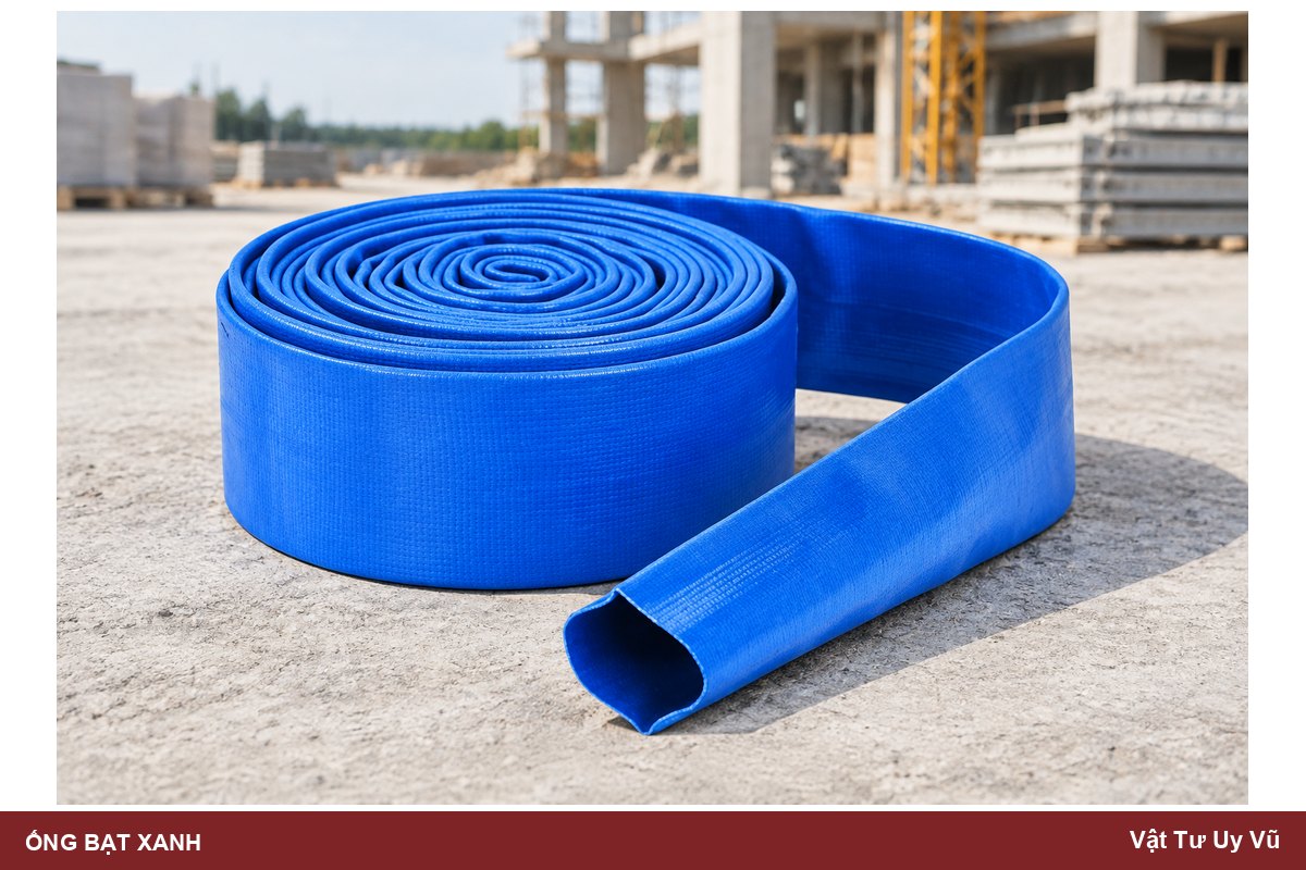 Ống bạt xanh dạng nằm phẳng chuẩn bị cho tuyến xả nước.