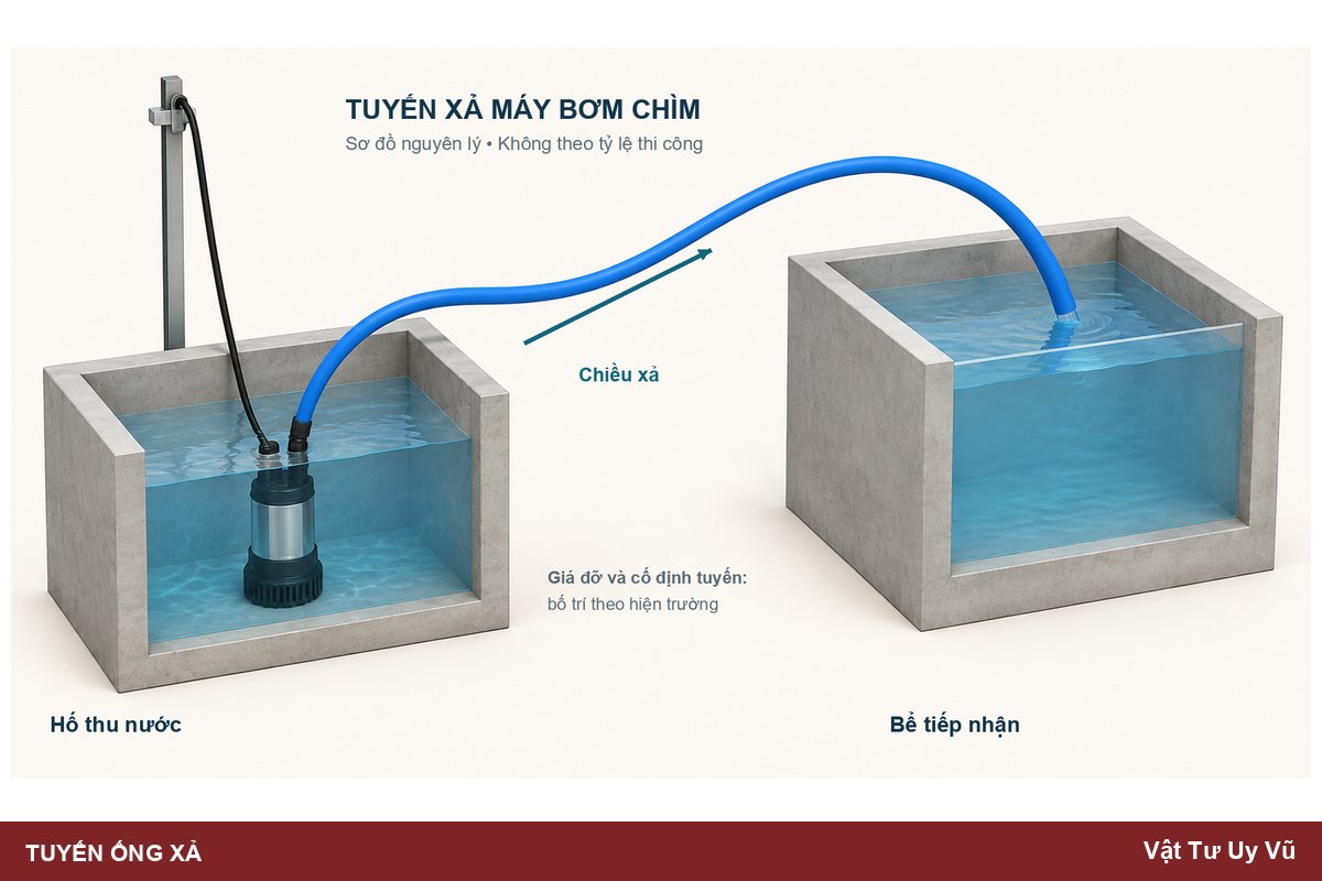 Sơ đồ nguyên lý tuyến xả từ hố thu đến bể tiếp nhận nước.