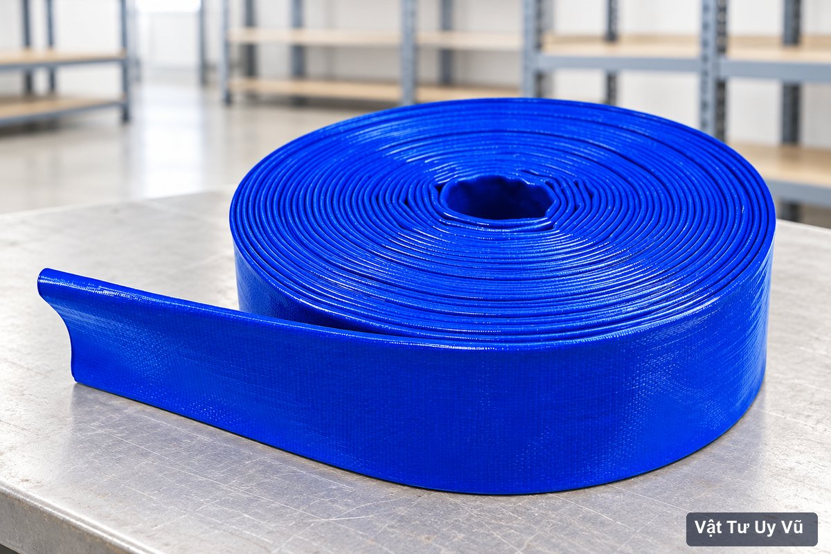 Ống bạt xanh phủ PVC có vân dệt cuộn gọn và đầu dải xẹp trên bàn kiểm tra