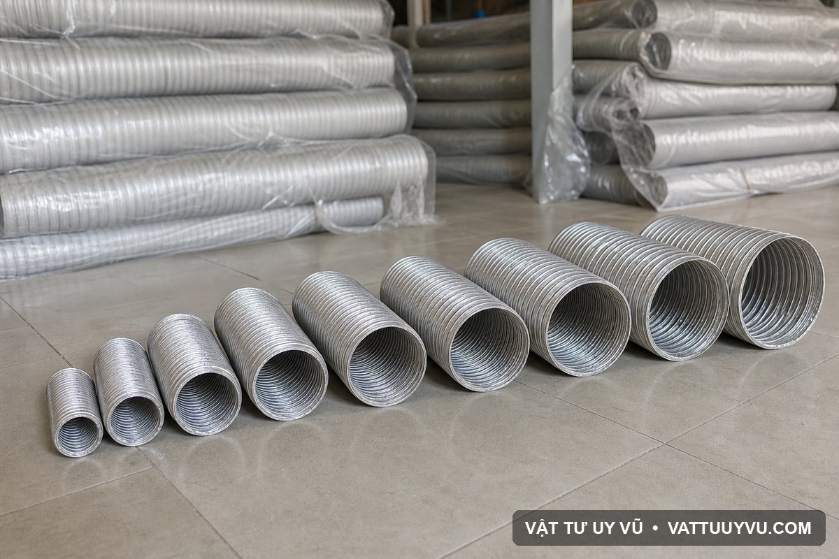 Các kích thước ống nhôm nhún D80 đến D350 tại kho Vật Tư Uy Vũ