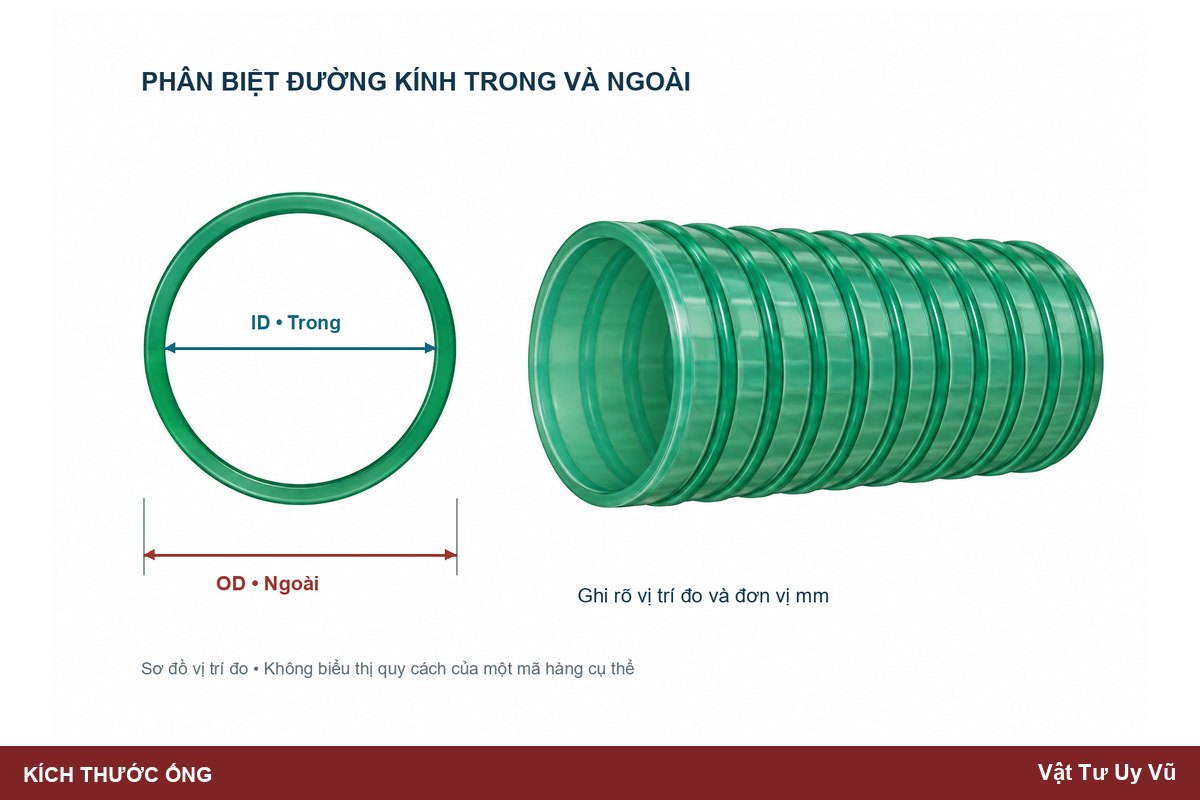 Sơ đồ vị trí đối chiếu đường kính trong và ngoài của ống.