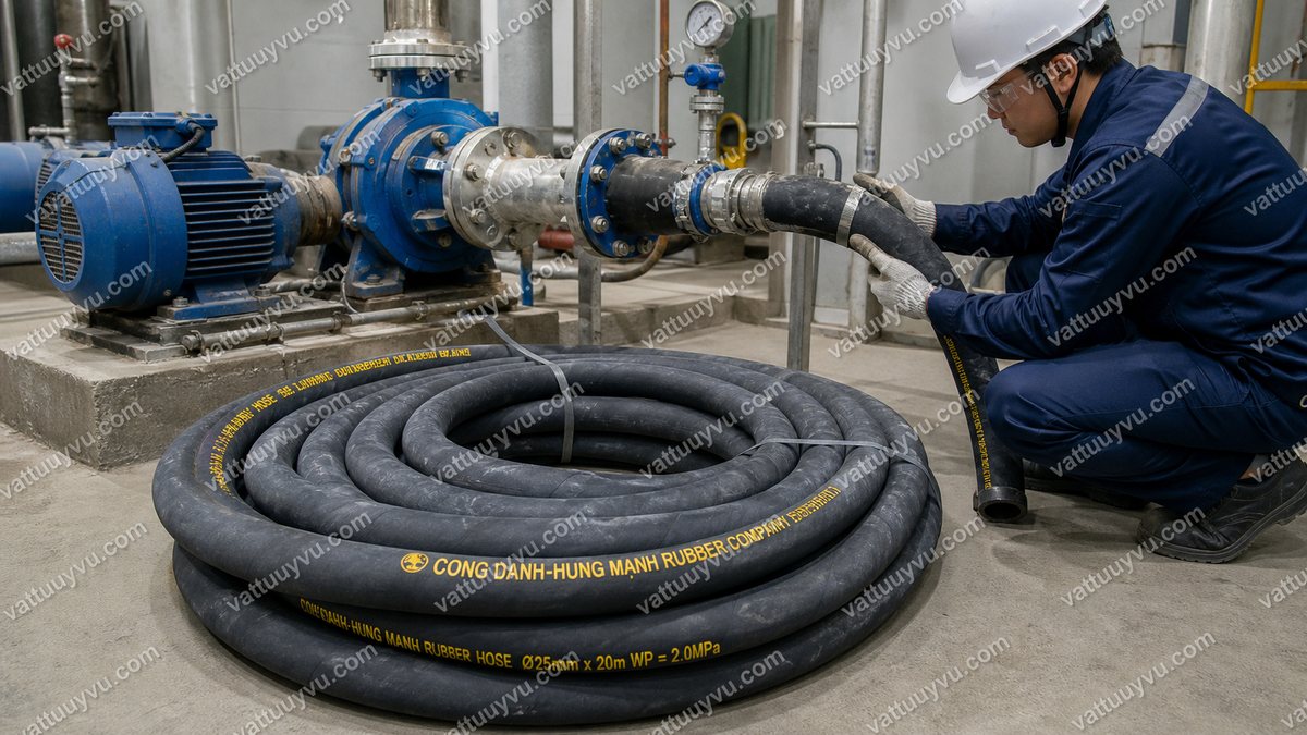 Kỹ thuật viên lắp đặt ống cao su bố vải vào cụm bơm công nghiệp