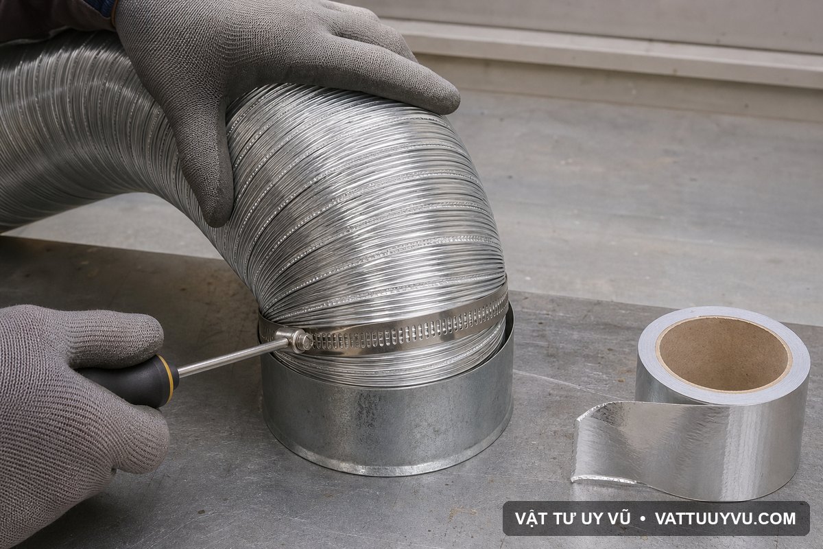 Siết đai inox khi lắp ống nhôm nhún vào cổ nối
