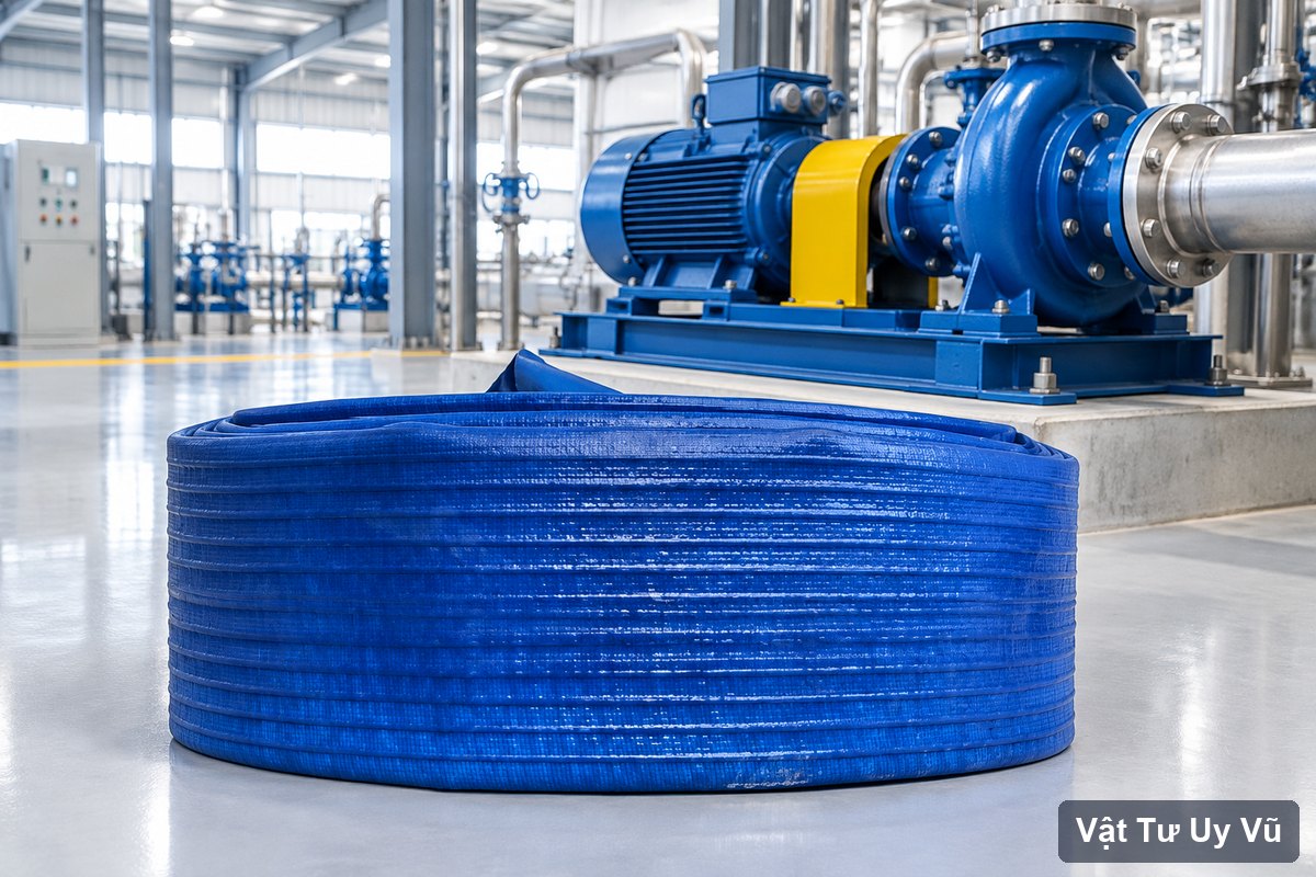 Ống bạt gân xanh đặt cạnh máy bơm trong nhà xưởng
