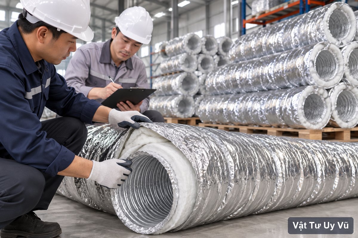 Kiểm tra cuộn ống gió mềm nhôm có bảo ôn trong kho