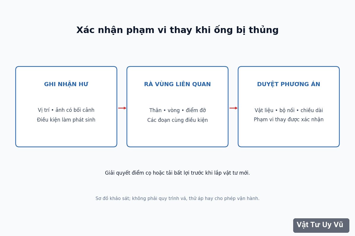 Sơ đồ ghi nhận lỗ thủng kiểm tra vùng liên quan xác nhận bộ nối và phạm vi thay ống