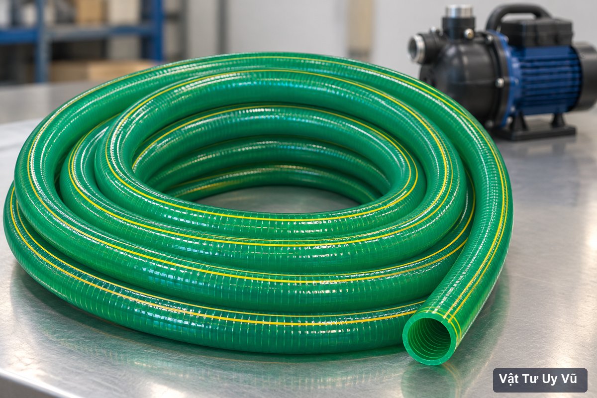 Cuộn ống PVC xanh lõi thép có hai sọc vàng cạnh khu vực kiểm tra bơm nước