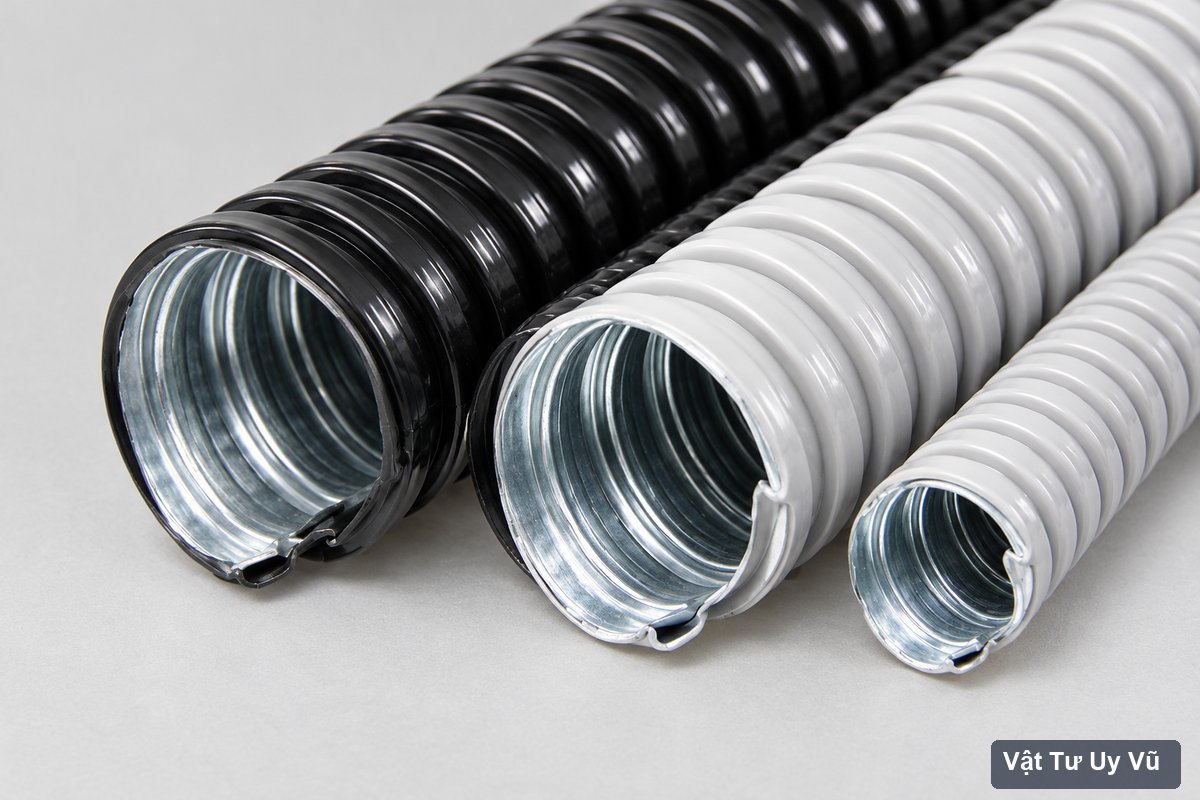 Cận miệng ống ruột gà đen xám với bề mặt thép xoắn bên trong