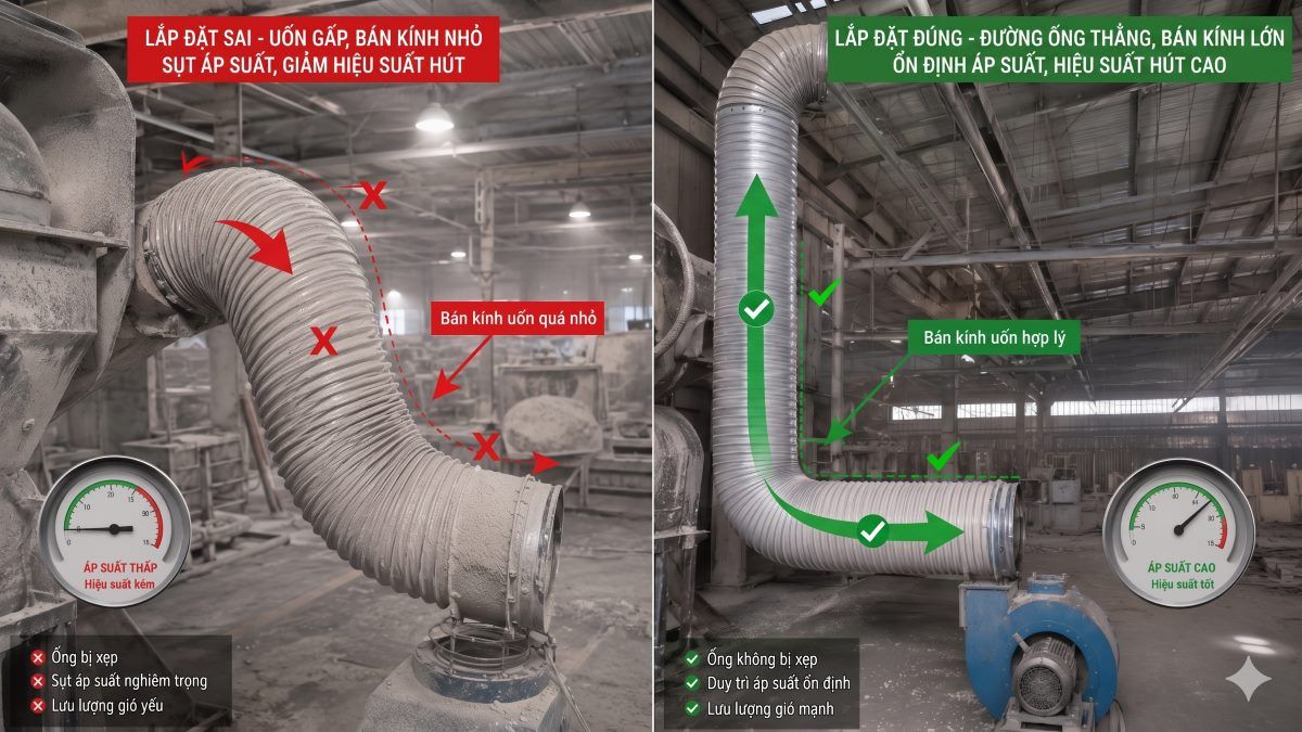 Lỗi lắp đặt ống dẫn gây tụt áp suất hệ thống hút bụi công nghiệp