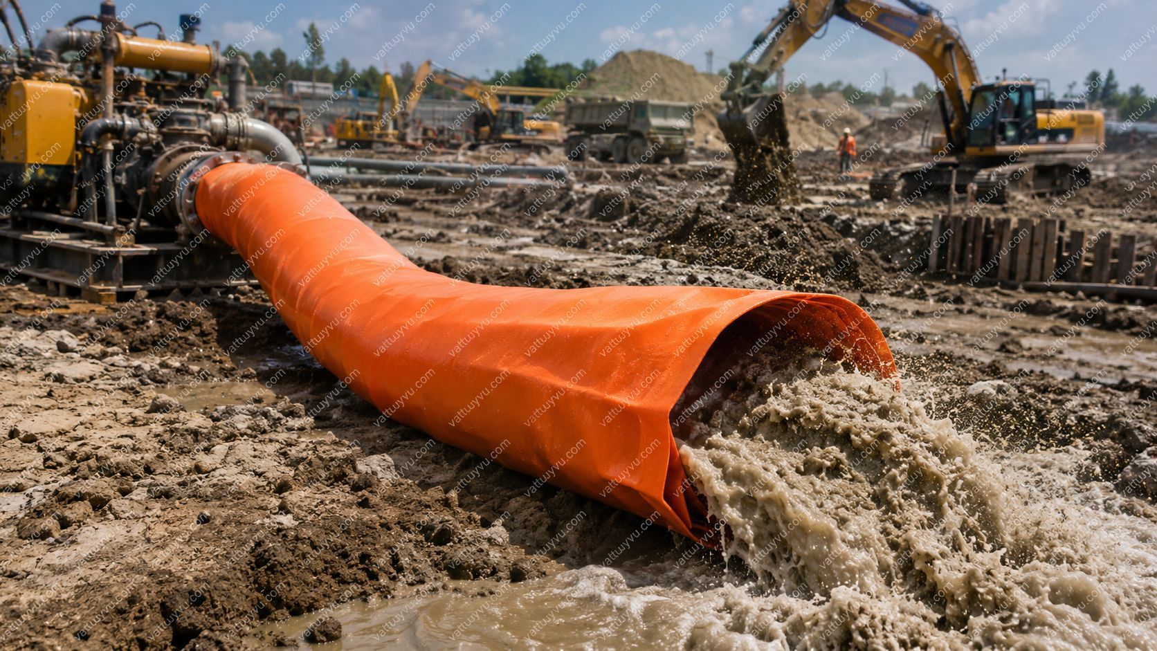 Ống bạt cam tải cát đang vận hành tại công trường san lấp