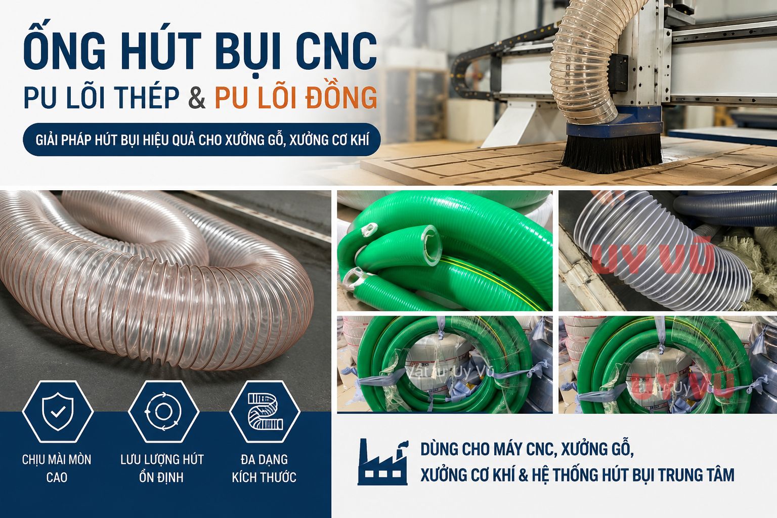 Ống hút bụi CNC PU lõi thép và PU lõi đồng cho xưởng gỗ, xưởng cơ khí