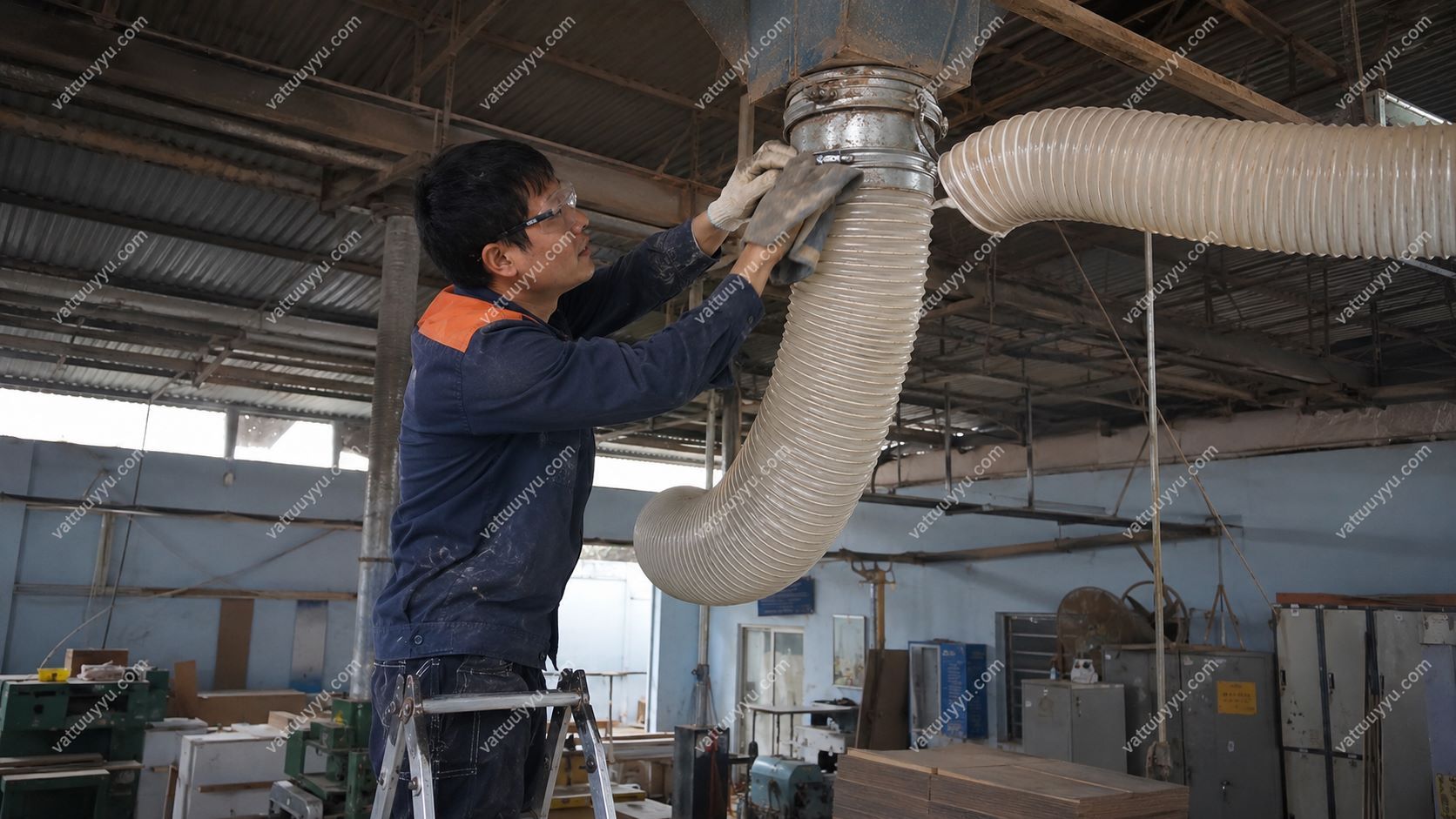 Bảo dưỡng ống hút bụi công nghiệp gân nhựa và PU lõi đồng tại nhà xưởng