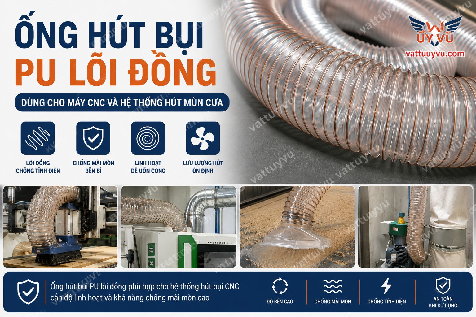 Ống hút bụi PU lõi đồng dùng cho máy CNC và hệ thống hút mùn cưa