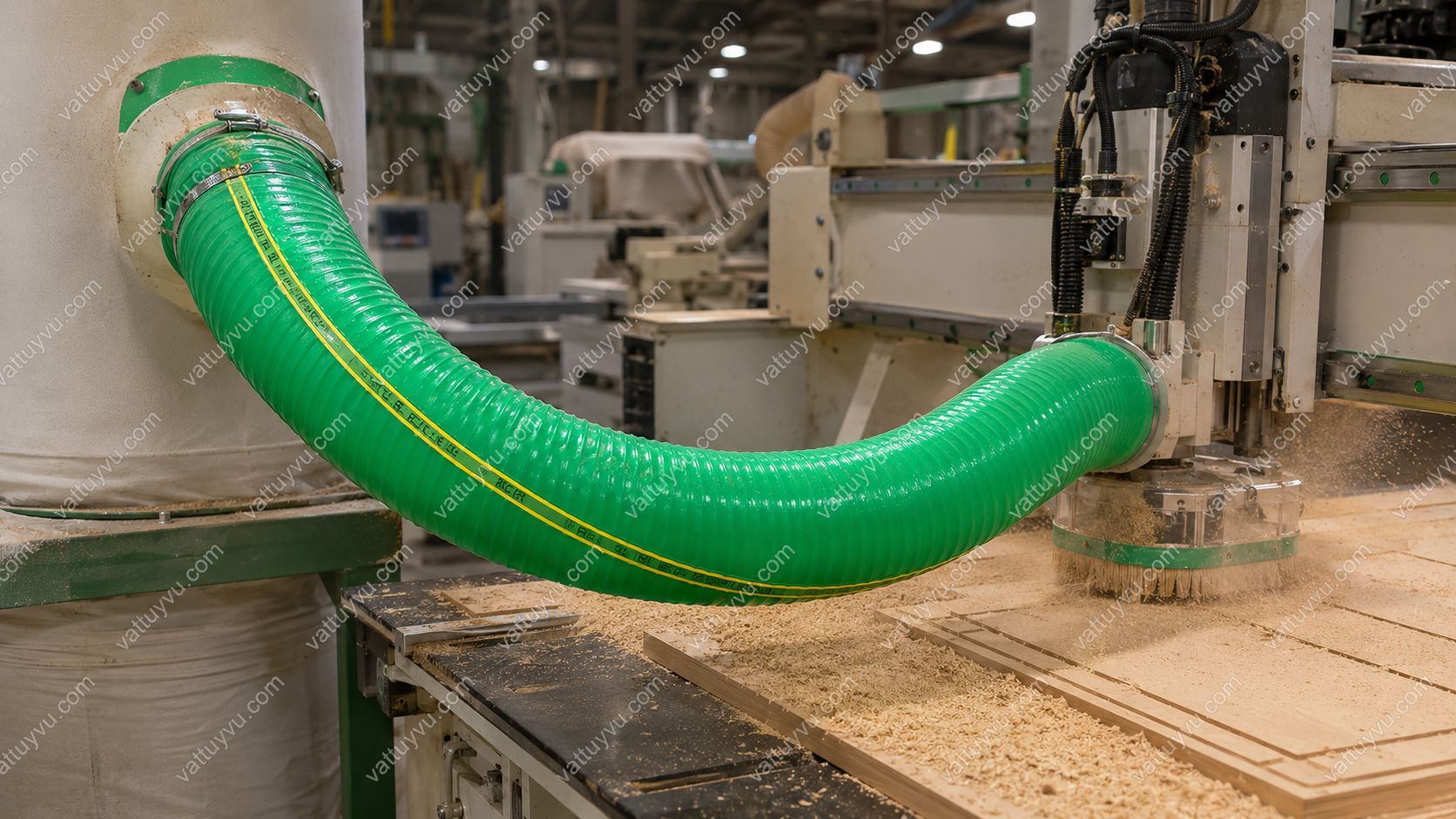 Ống nhựa lõi thép hút bụi CNC tại xưởng gỗ