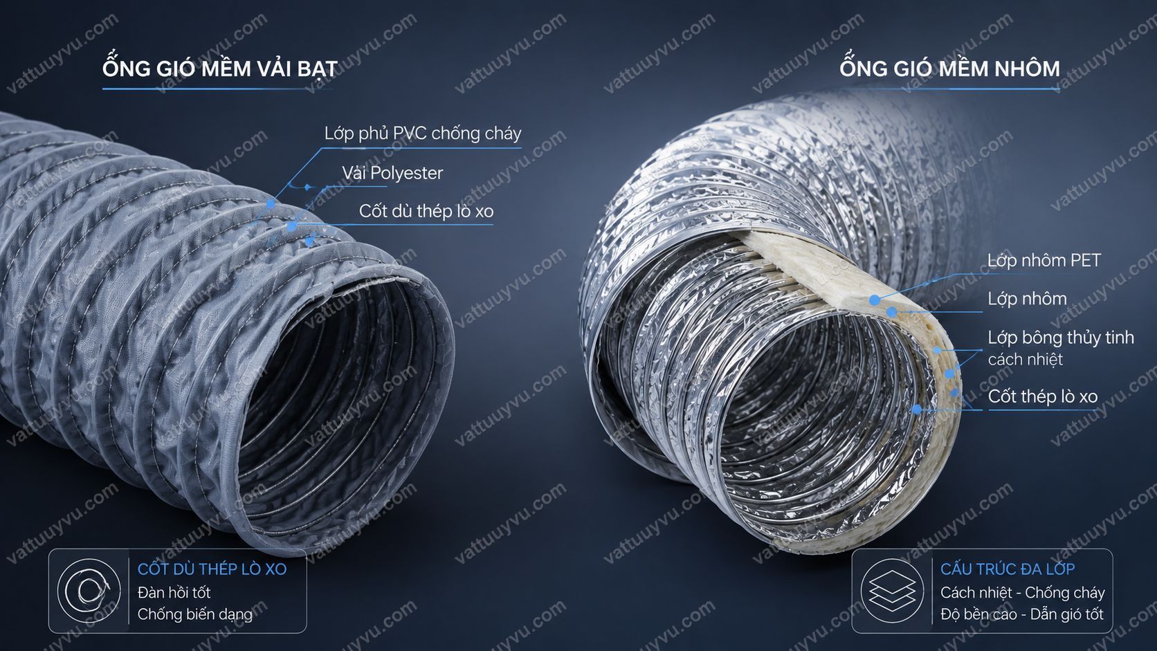 Bảng so sánh ống gió mềm vải và ống nhôm trong công nghiệp