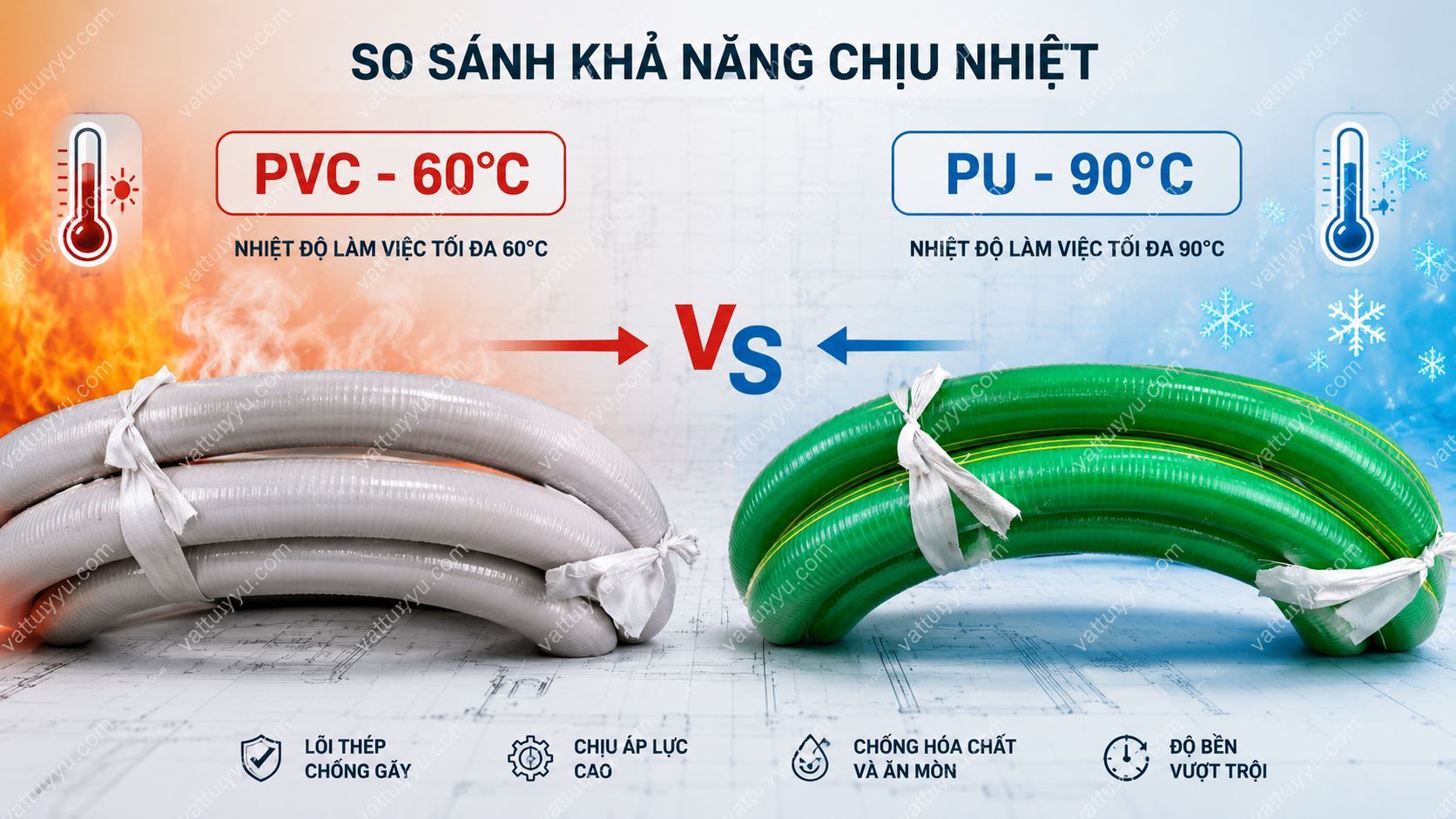 So sánh ống nhựa lõi thép PVC và PU chịu nhiệt